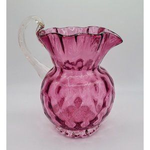 Murano Venetian Cranberry Glass Pitcher Handle Ruffled Alfredo Barbini Art 6in